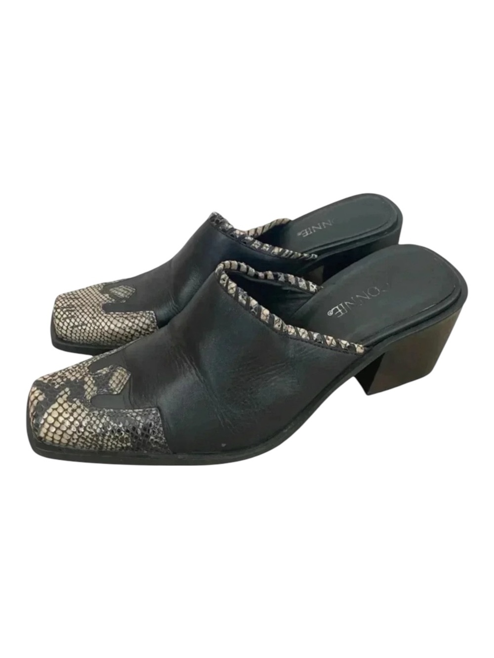 Connie Womens leather Square Toe Western Mules Block Heel Cowgirl Black.